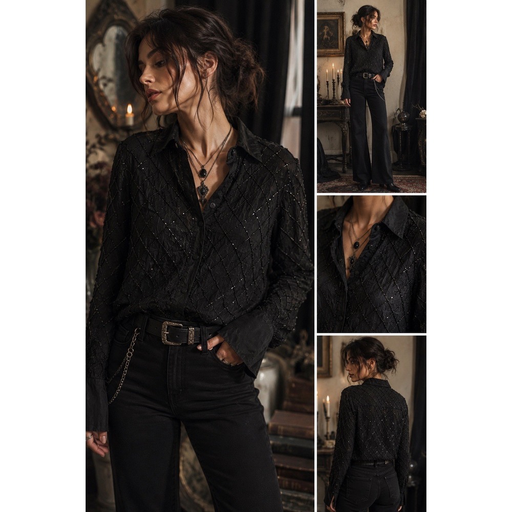 Ecru Black Beaded Button Down Shirt M Textured Evening Whimsy Goth
